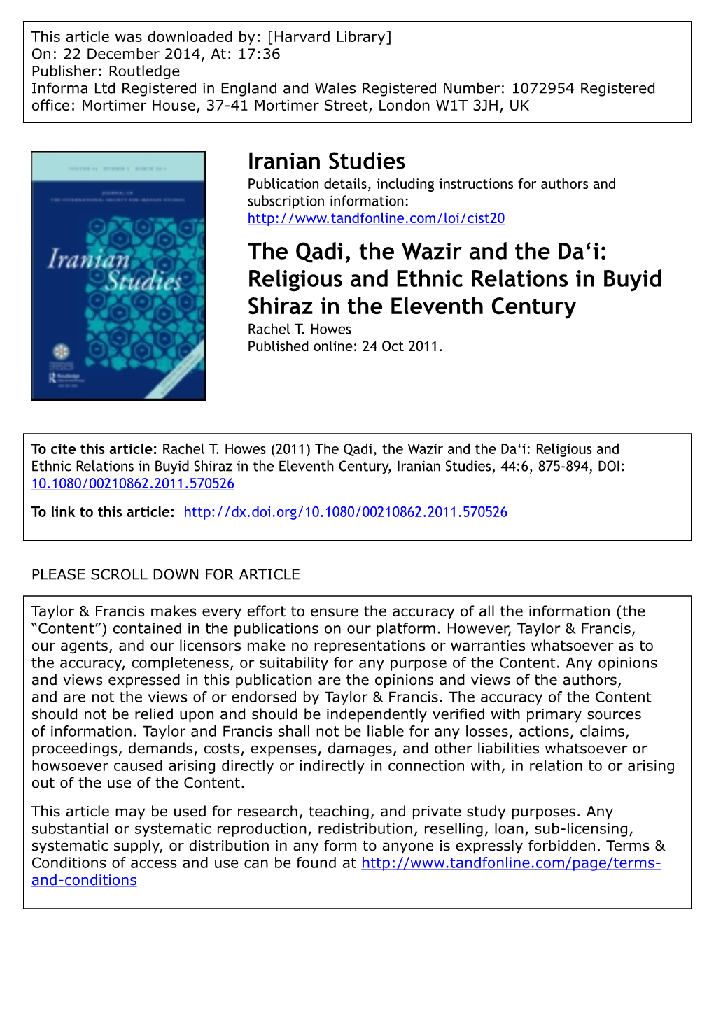 Iranian Studies the Qadi, the Wazir and the Da'i: Religious And