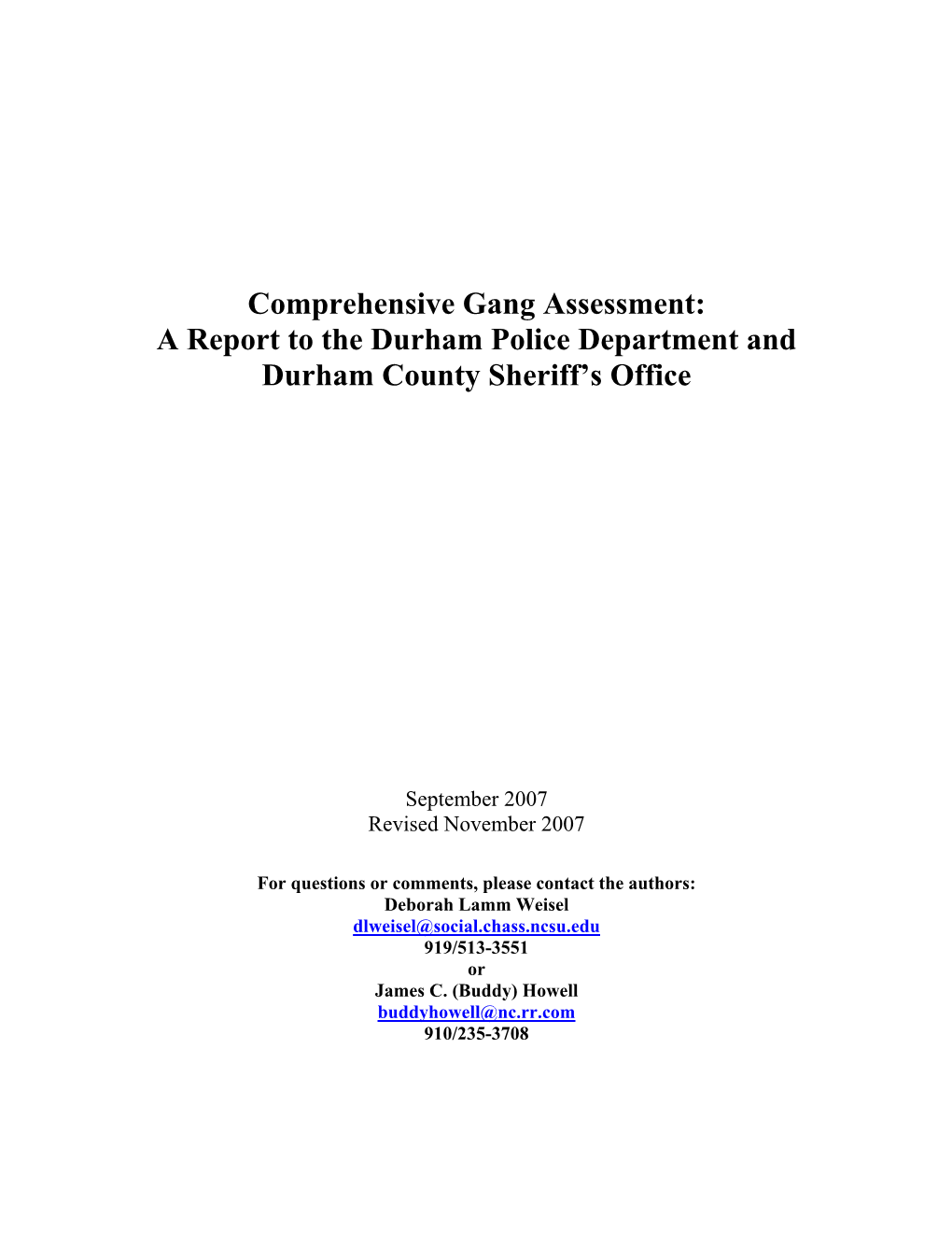 Comprehensive Gang Assessment: a Report to the Durham Police Department and Durham County Sheriff’S Office