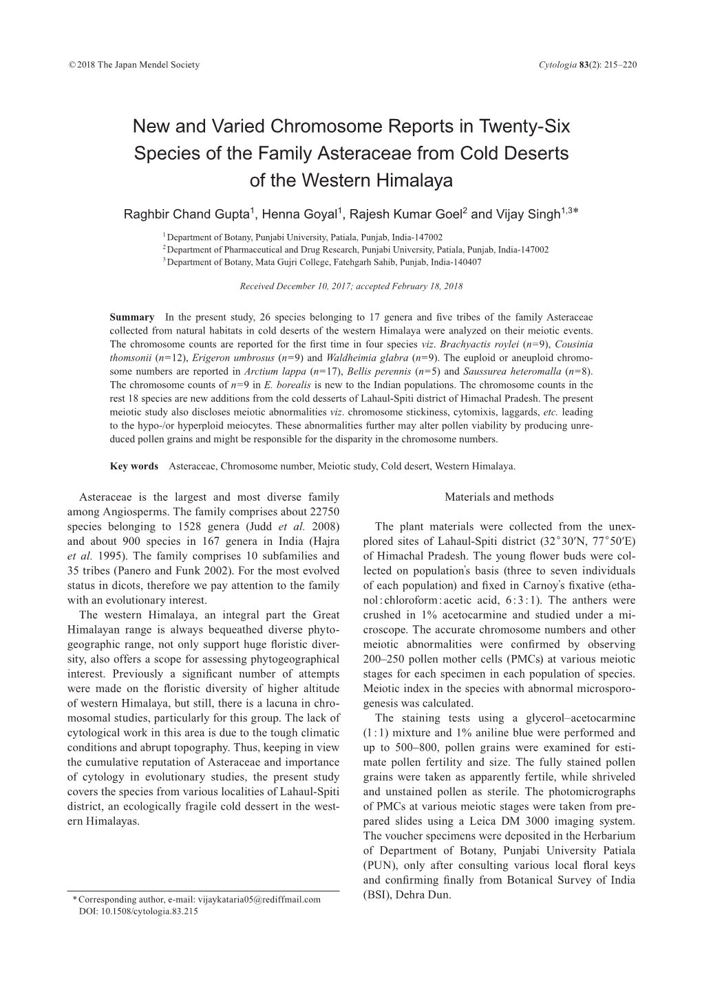 New and Varied Chromosome Reports in Twenty-Six Species of the Family Asteraceae from Cold Deserts of the Western Himalaya