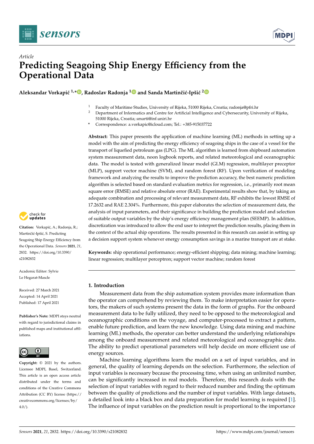 Predicting Seagoing Ship Energy Efficiency from the Operational Data
