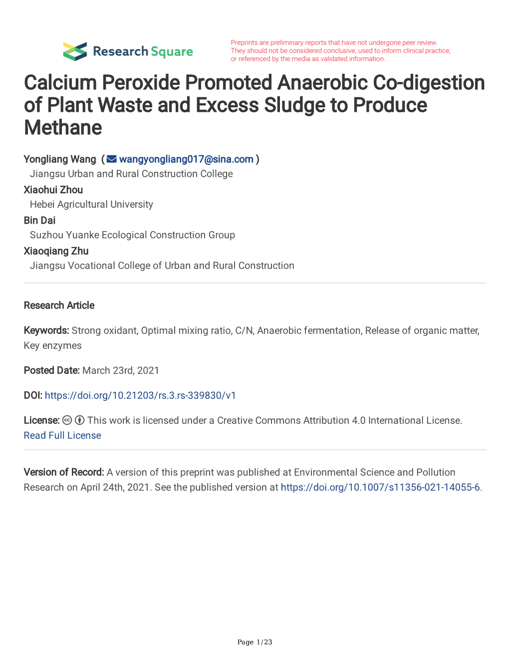 Calcium Peroxide Promoted Anaerobic Co-Digestion of Plant Waste and Excess Sludge to Produce Methane