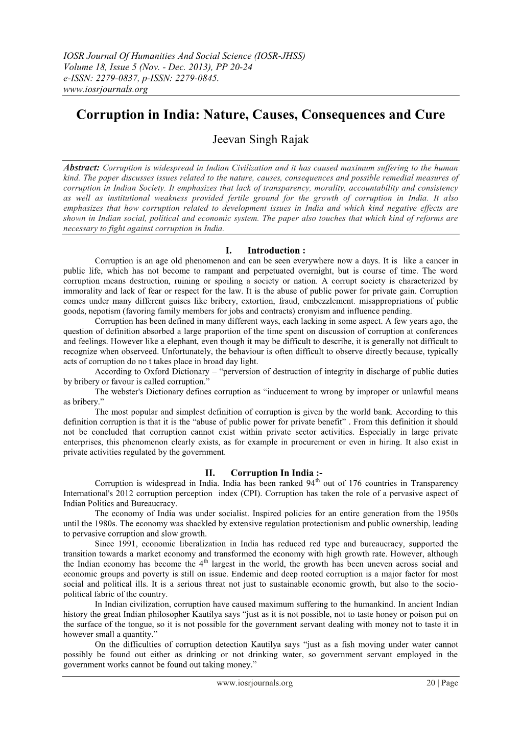 Corruption in India: Nature, Causes, Consequences and Cure