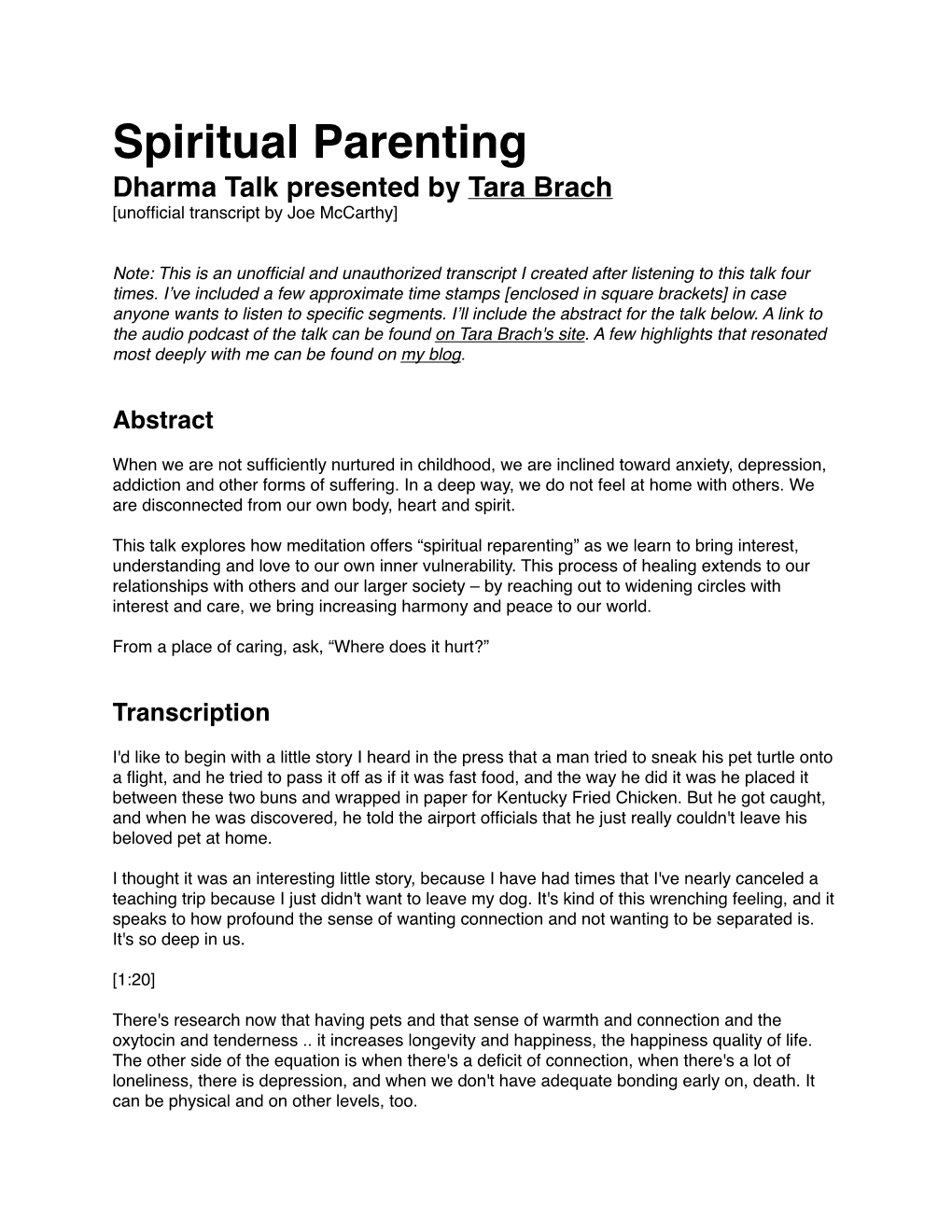 Spiritual Parenting Dharma Talk Presented by Tara Brach [Unofﬁcial Transcript by Joe Mccarthy]