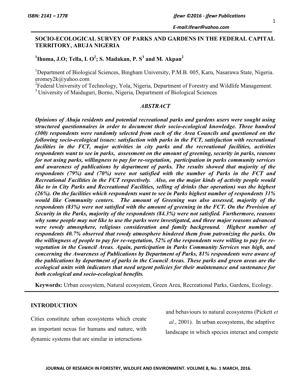 Socio-Ecological Survey of Parks and Gardens in the Federal Capital Territory, Abuja Nigeria