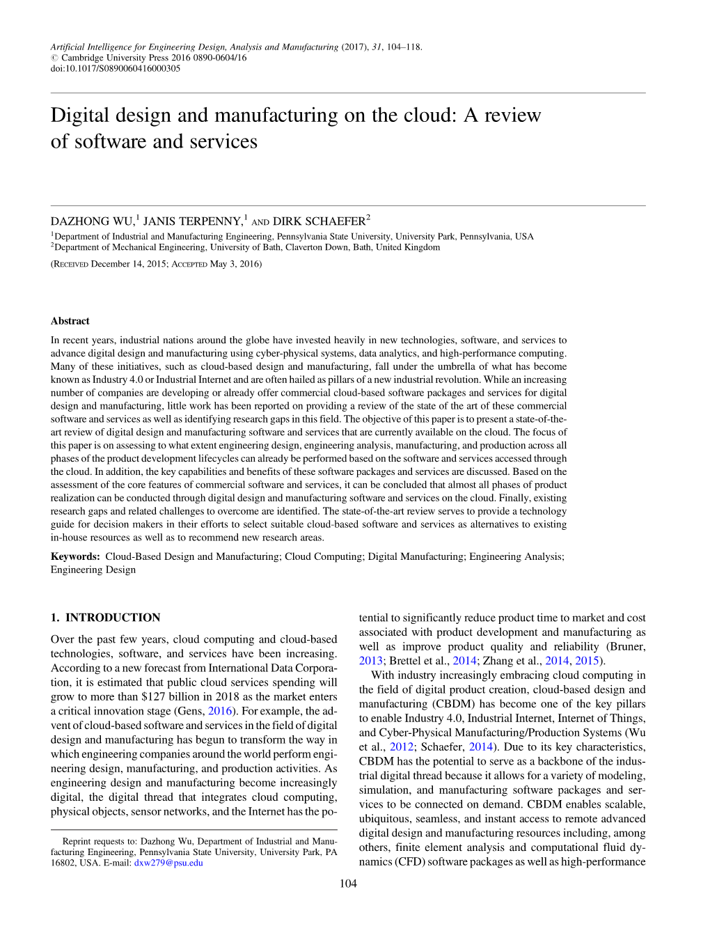 Digital Design and Manufacturing on the Cloud: a Review of Software and Services