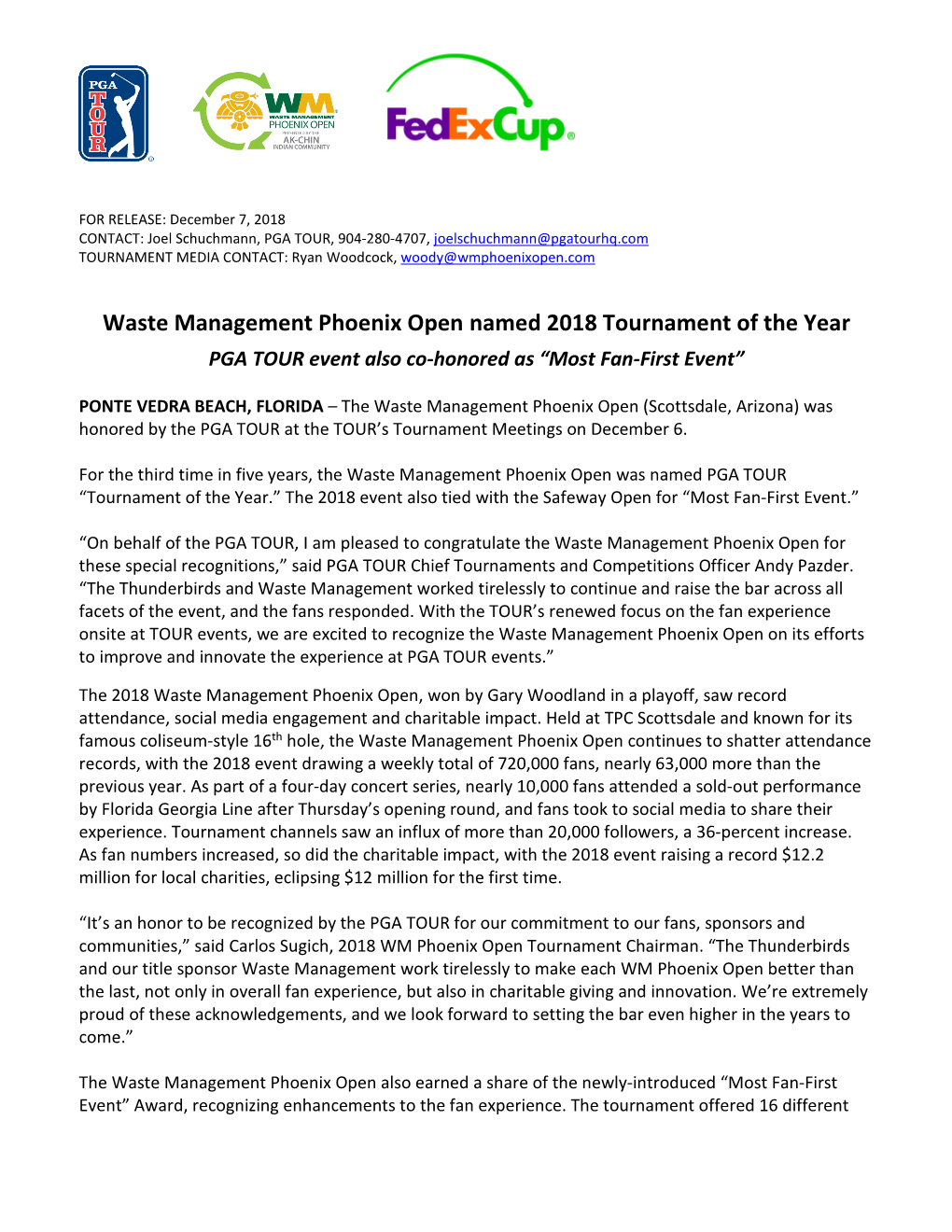 Waste Management Phoenix Open Named 2018 Tournament of the Year