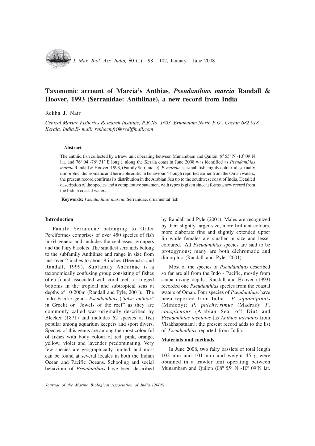 Taxonomic Account of Marcia's Anthias, Pseudanthias Marcia