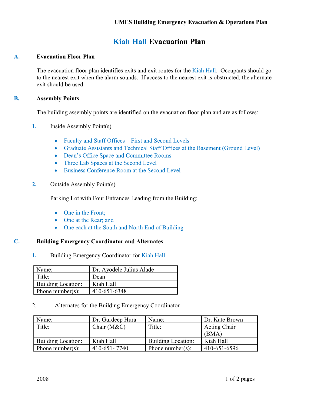 UMES Building Emergency Evacuation & Operations Plan