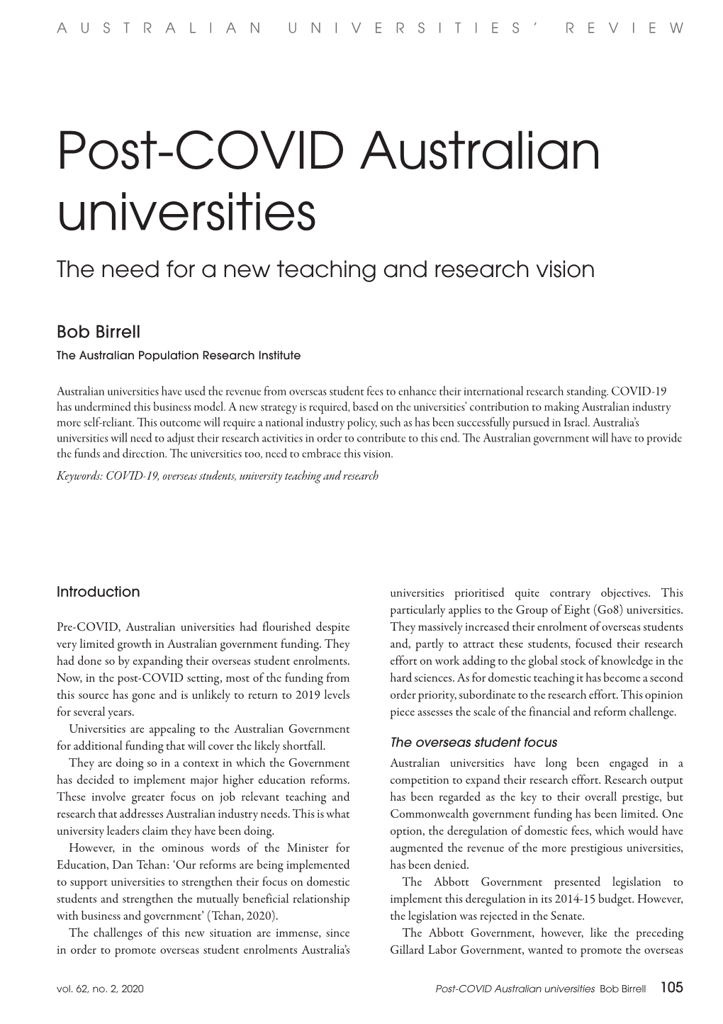 Post-COVID Australian Universities the Need for a New Teaching and Research Vision