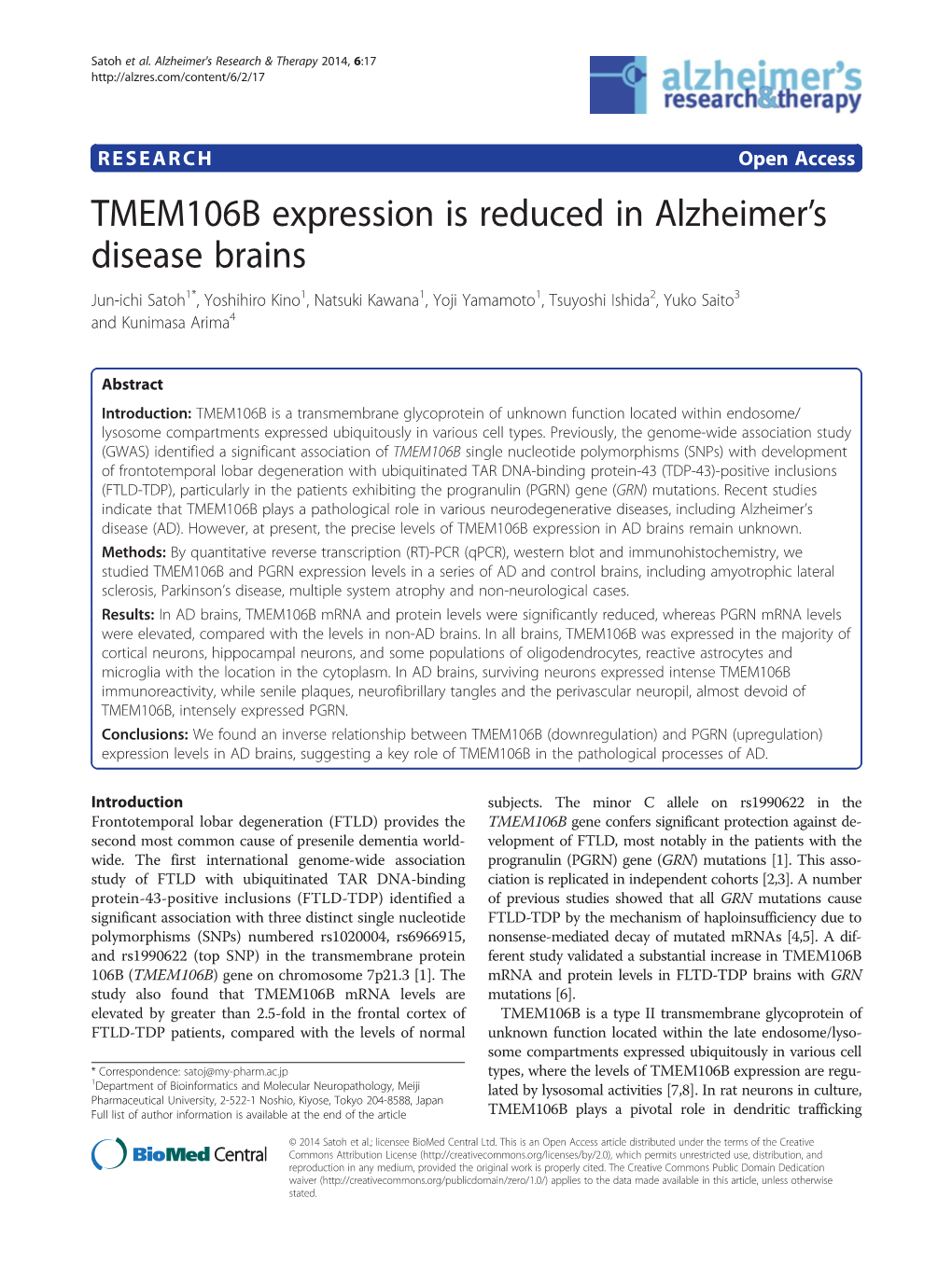 TMEM106B Expression Is Reduced in Alzheimer's Disease Brains