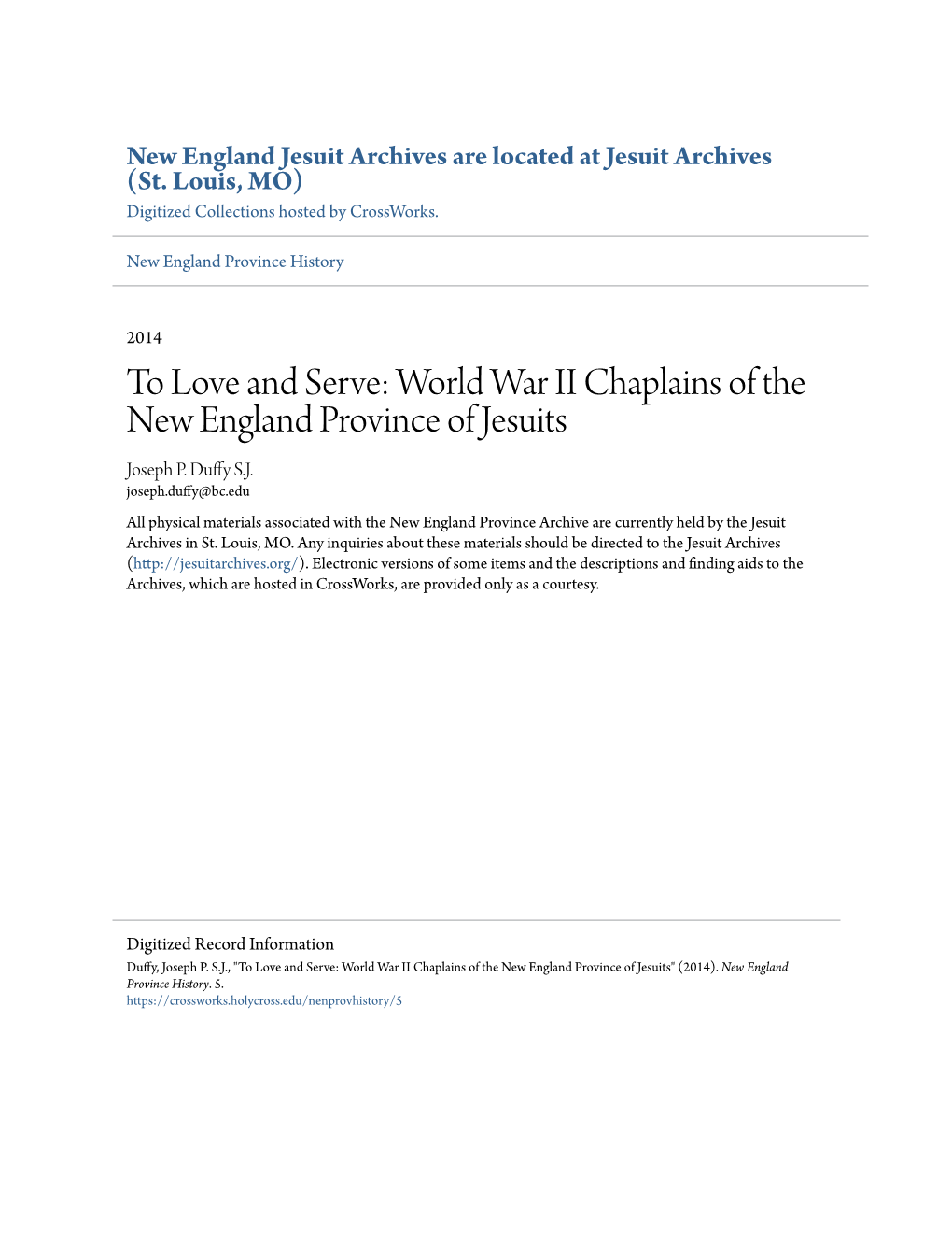 World War II Chaplains of the New England Province of Jesuits Joseph P