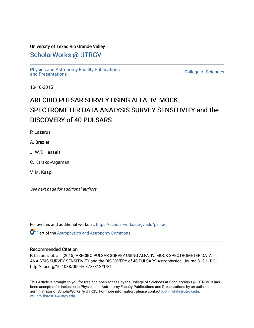 The Astrophysical Journal, 812:81 (23Pp), 2015 October 10 Doi:10.1088/0004-637X/812/1/81 © 2015