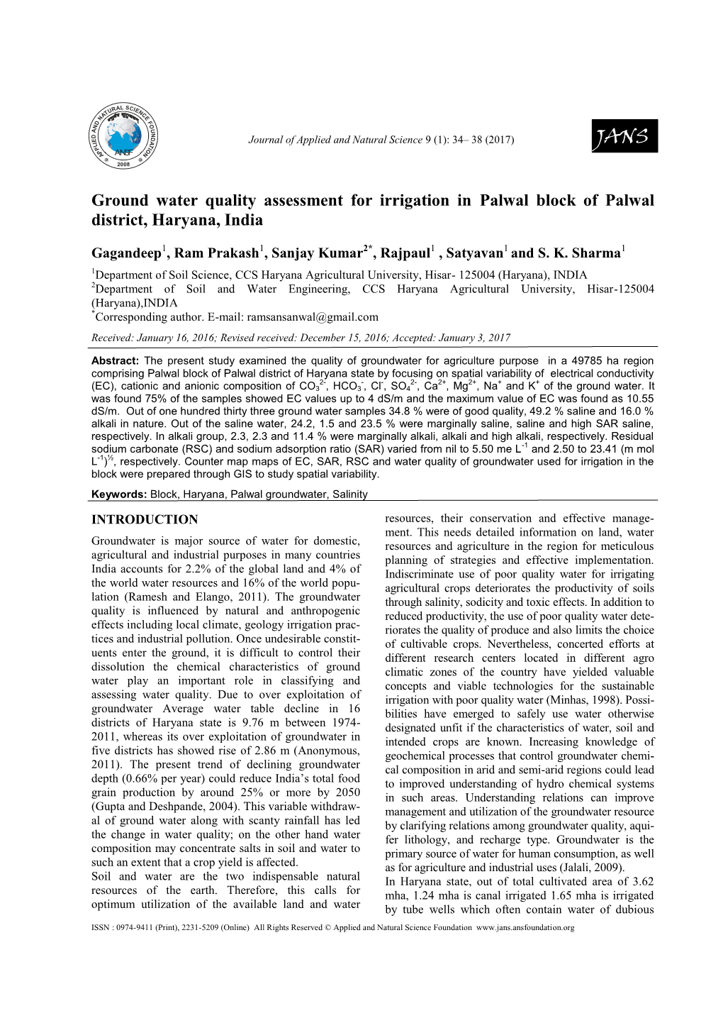 Ground Water Quality Assessment for Irrigation in Palwal Block of Palwal District, Haryana, India