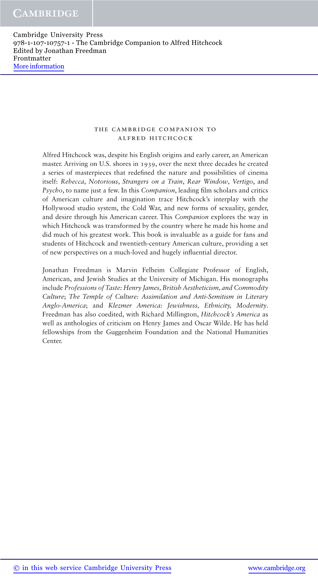 The Cambridge Companion to Alfred Hitchcock Edited by Jonathan Freedman Frontmatter More Information