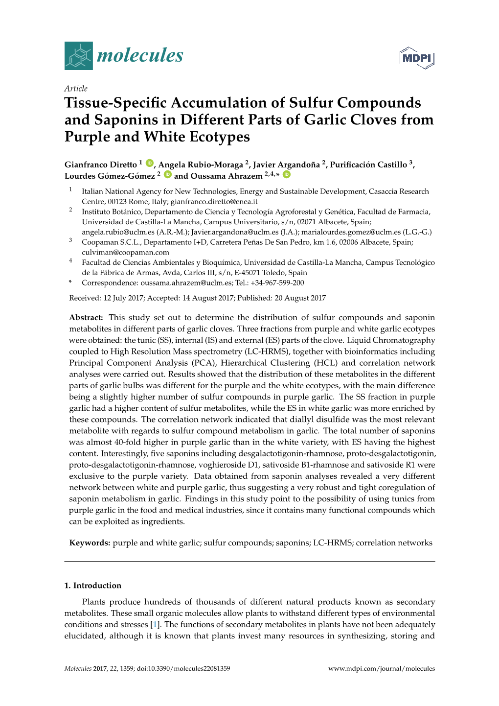 Tissue-Specific Accumulation of Sulfur Compounds and Saponins In