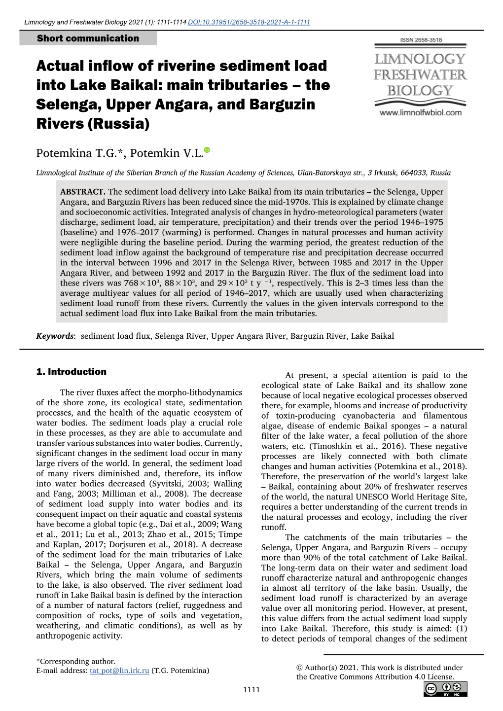 Actual Inflow of Riverine Sediment Load Into Lake Baikal: Main Tributaries – the Selenga, Upper Angara, and Barguzin Rivers (Russia)