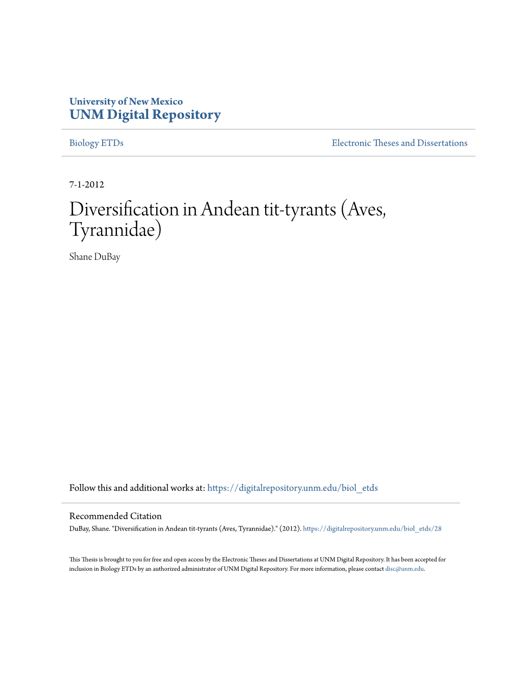 Diversification in Andean Tit-Tyrants (Aves, Tyrannidae) Shane Dubay