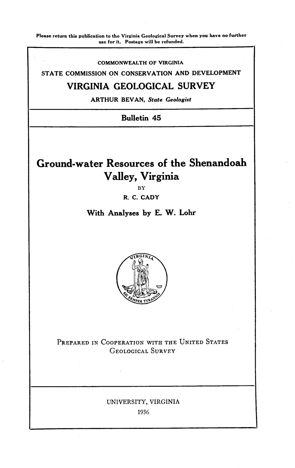 Ground-Water Resources of the Shenandoah Valley, Virginia by R