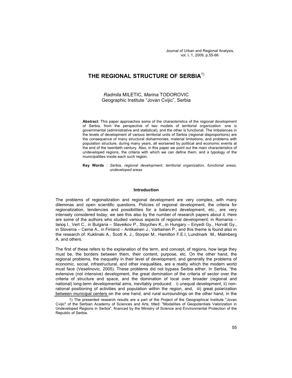 The Regional Structure of Serbia1)