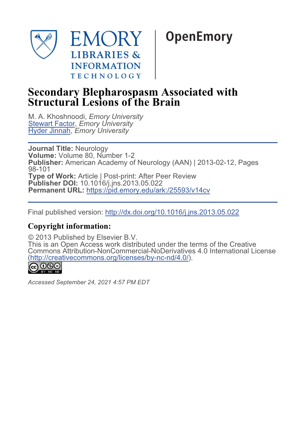 Secondary Blepharospasm Associated with Structural Lesions of the Brain M