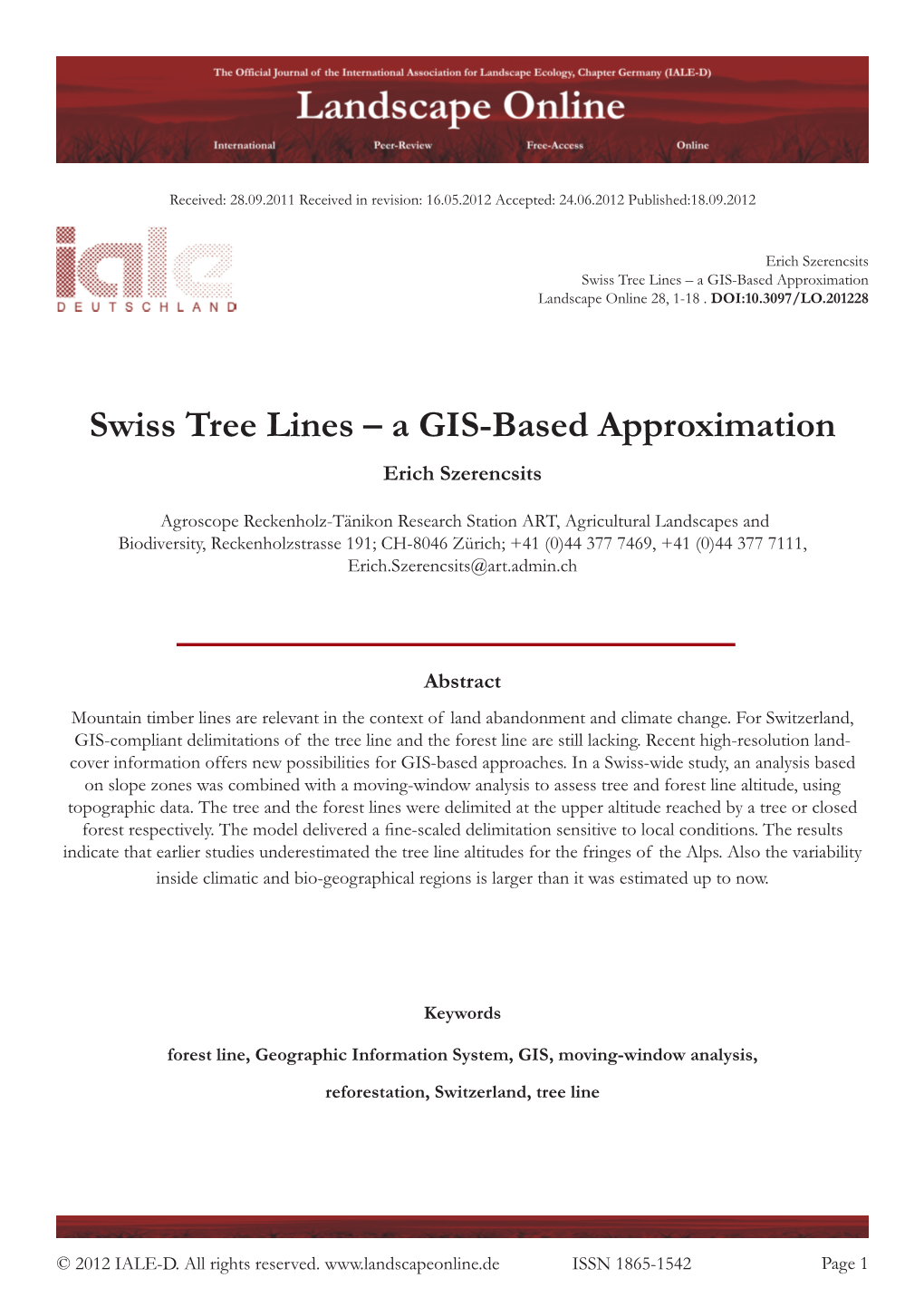 Swiss Tree Lines – a GIS-Based Approximation Landscape Online 28, 1-18