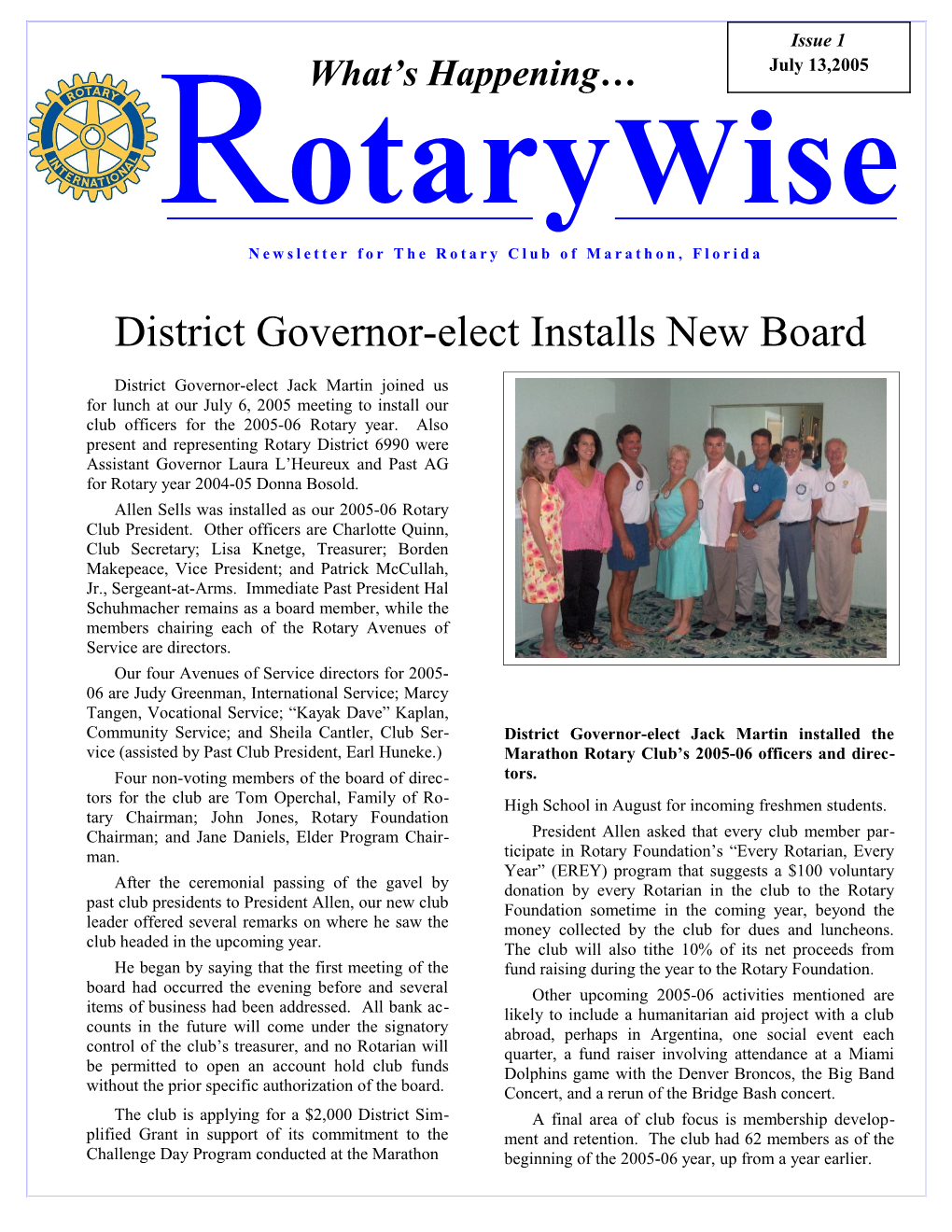 Newsletter for the Rotary Club of Marathon, Florida