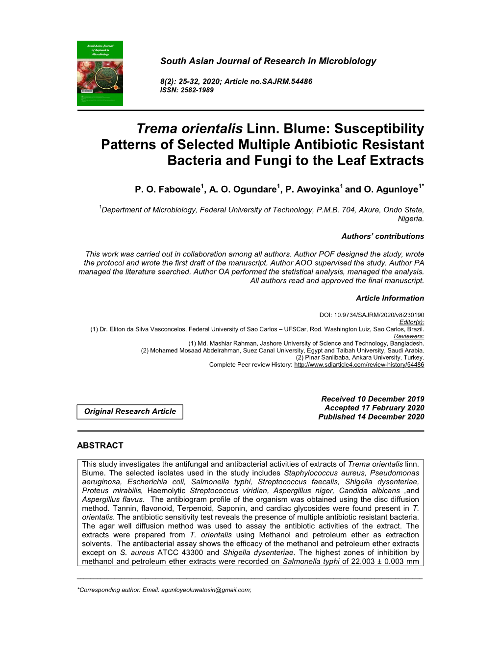 Trema Orientalis Linn. Blume: Susceptibility Patterns of Selected Multiple Antibiotic Resistant Bacteria and Fungi to the Leaf Extracts