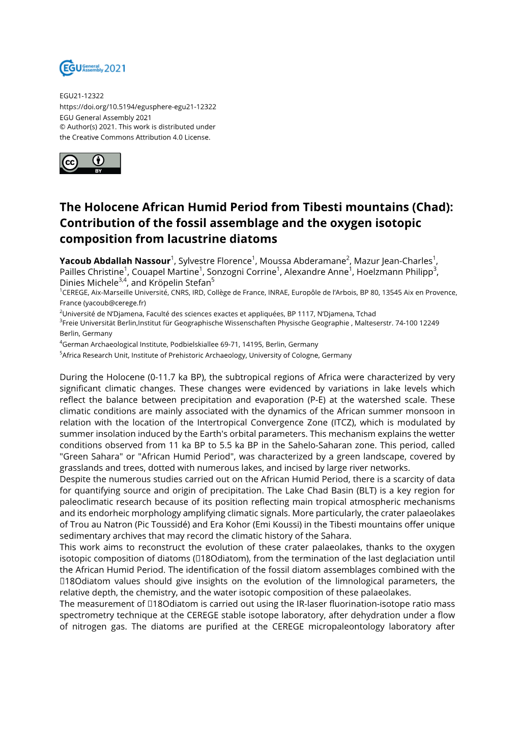 The Holocene African Humid Period from Tibesti Mountains (Chad): Contribution of the Fossil Assemblage and the Oxygen Isotopic Composition from Lacustrine Diatoms