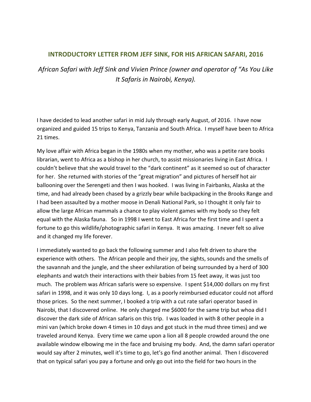 Introductory Letter from Jeff Sink, for His African Safari, 2016