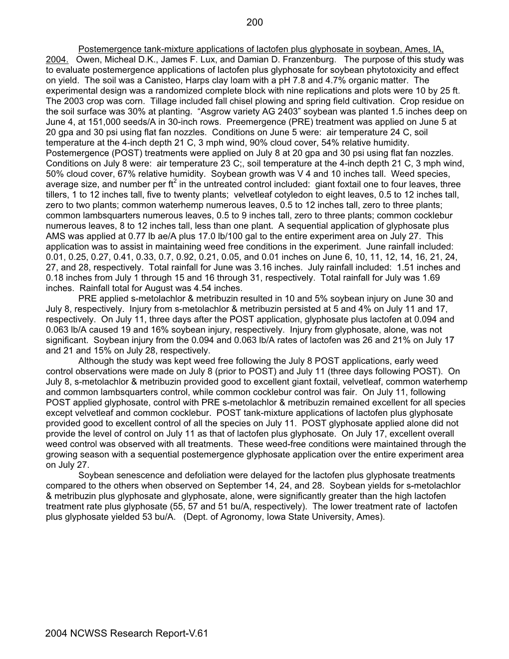 Postemergence Tank-Mixture Applications of Lactofen Plus Glyphosate in Soybean, Ames, IA, 2004