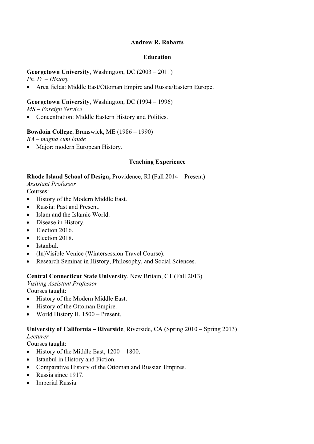 Andrew Robarts's CV