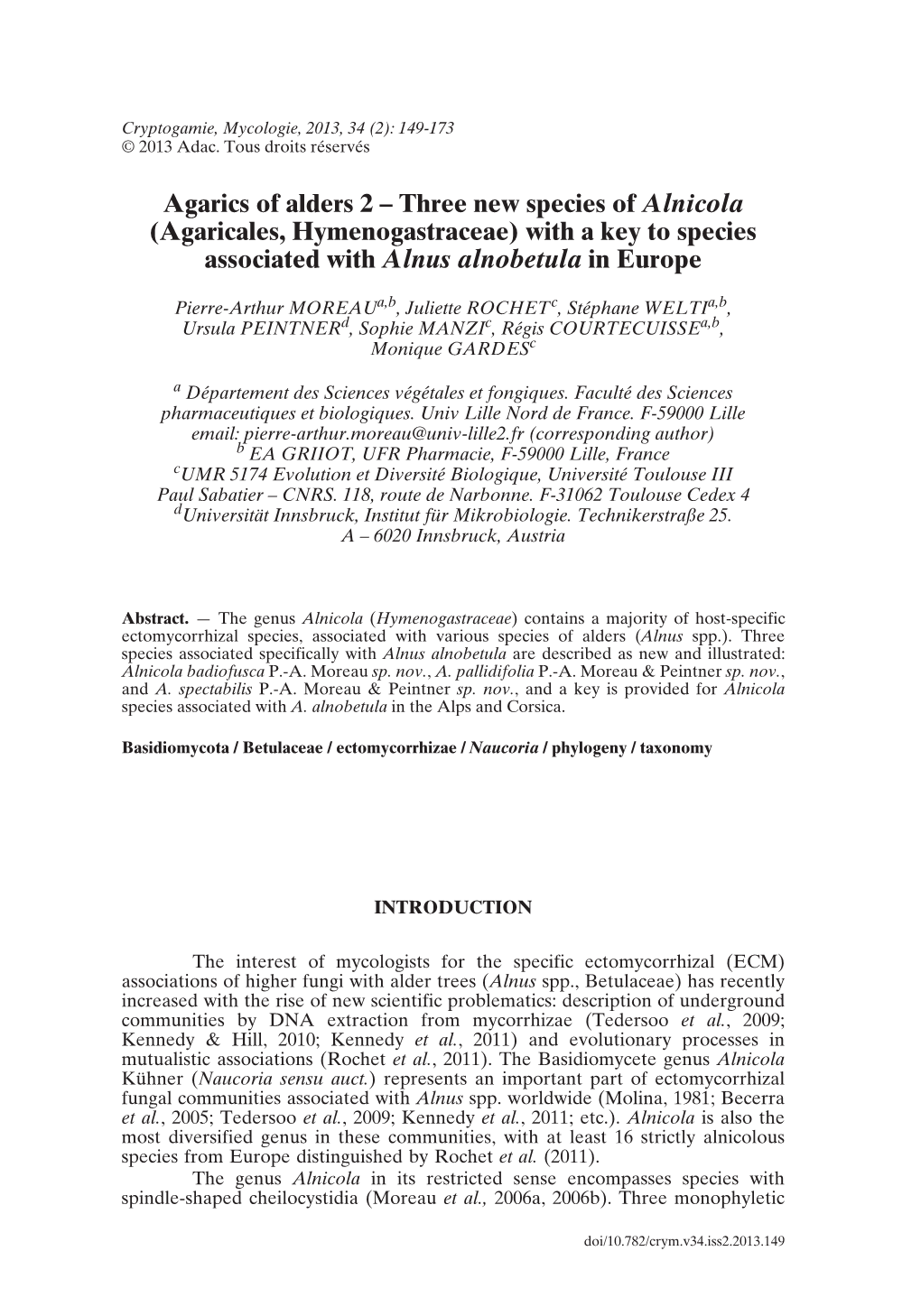 Agarics of Alders 2 – Three New Species of Alnicola (Agaricales, Hymenogastraceae) with a Key to Species Associated with Alnus Alnobetula in Europe