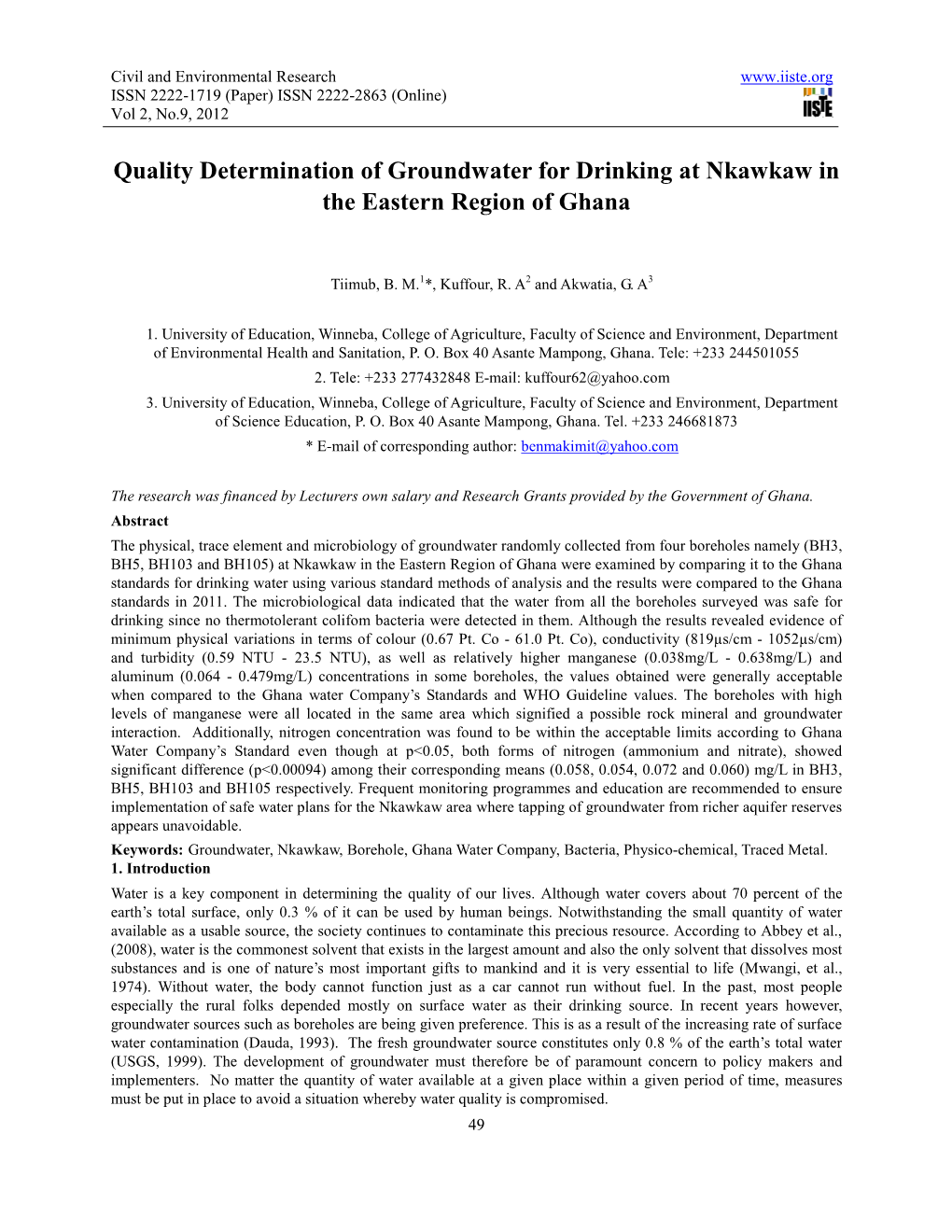 Quality Determination of Groundwater for Drinking at Nkawkaw in the Eastern Region of Ghana