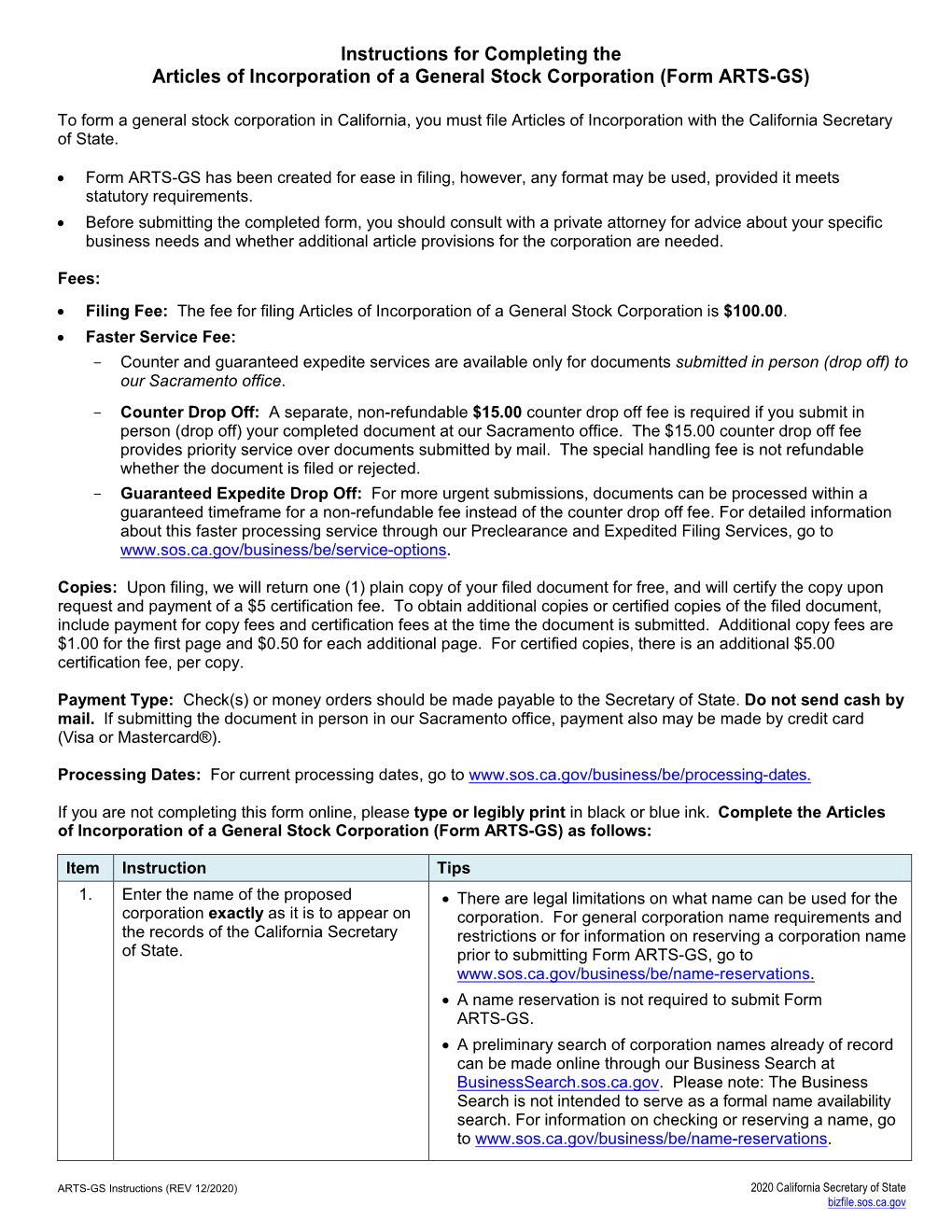 Articles of Incorporation of a General Stock Corporation (Form ARTS-GS)