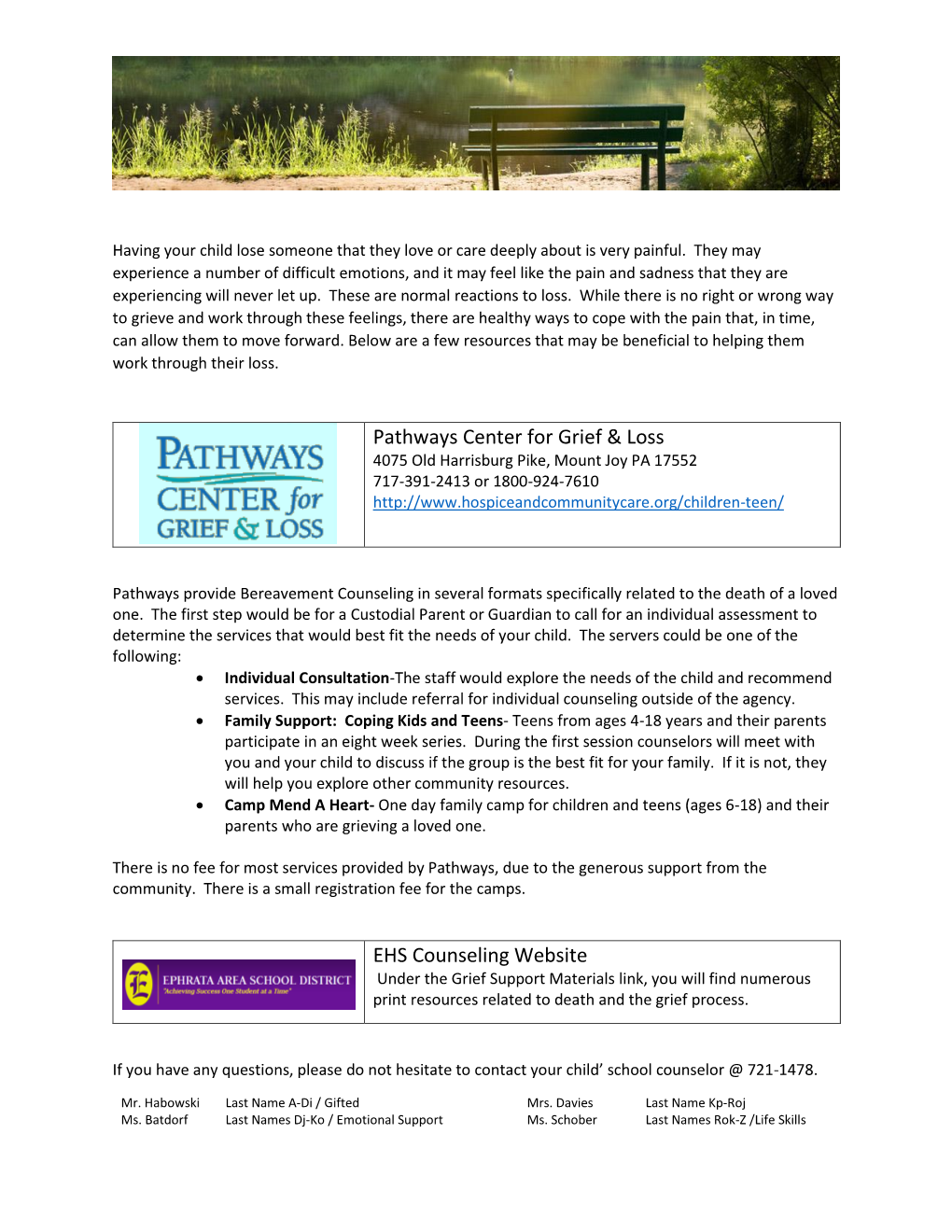 Pathways Center for Grief & Loss EHS Counseling Website