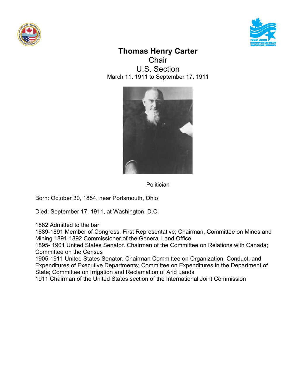 Thomas Henry Carter Chair U.S. Section March 11, 1911 to September 17, 1911