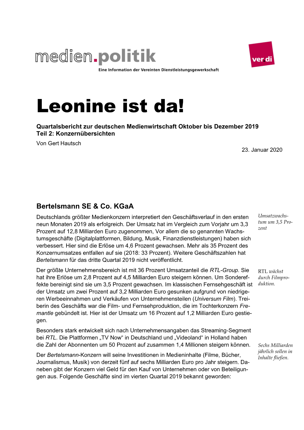 Leonine Ist Da! Quartalsbericht Zur Deutschen Medienwirtschaft Oktober Bis Dezember 2019 Teil 2: Konzernübersichten Von Gert Hautsch 23
