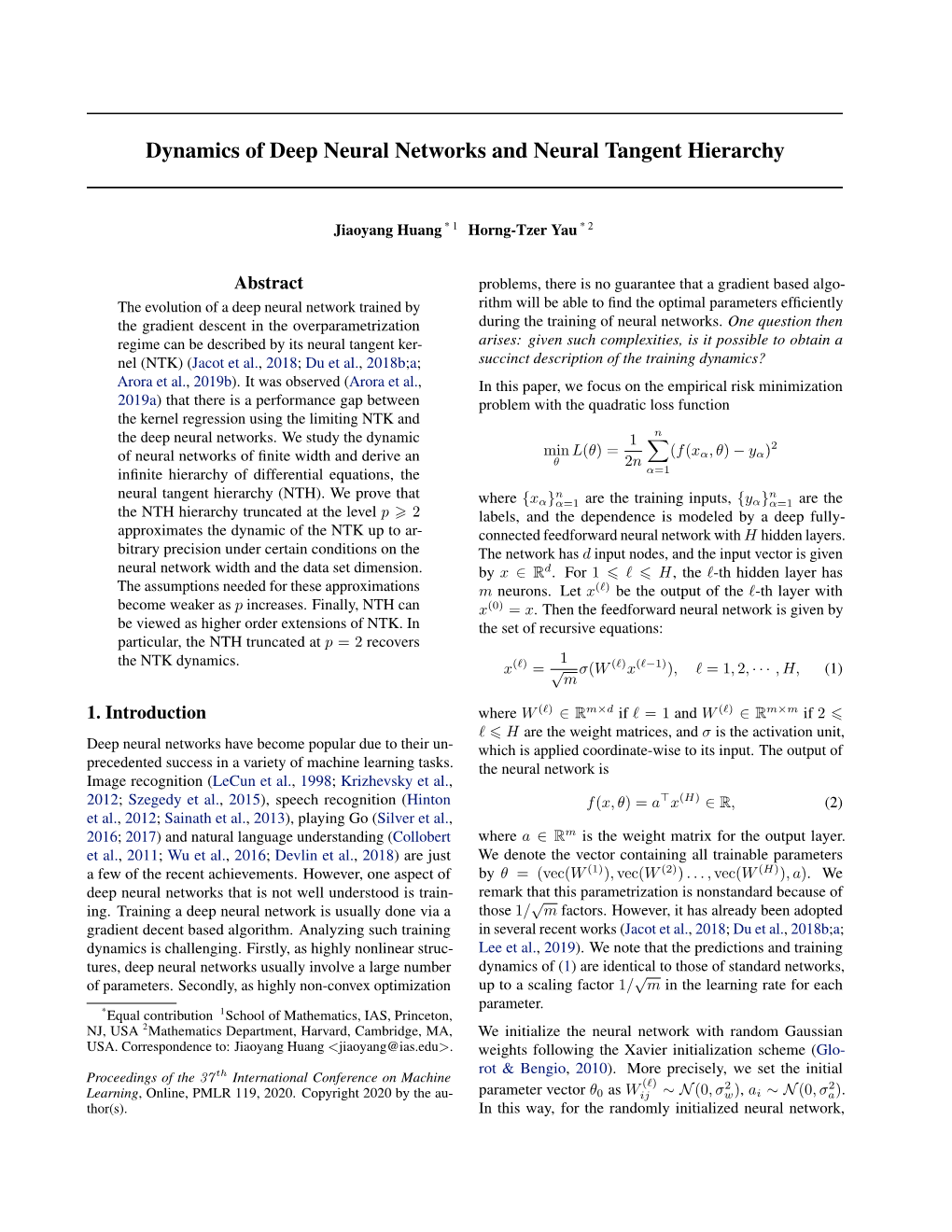 Dynamics of Deep Neural Networks and Neural Tangent Hierarchy