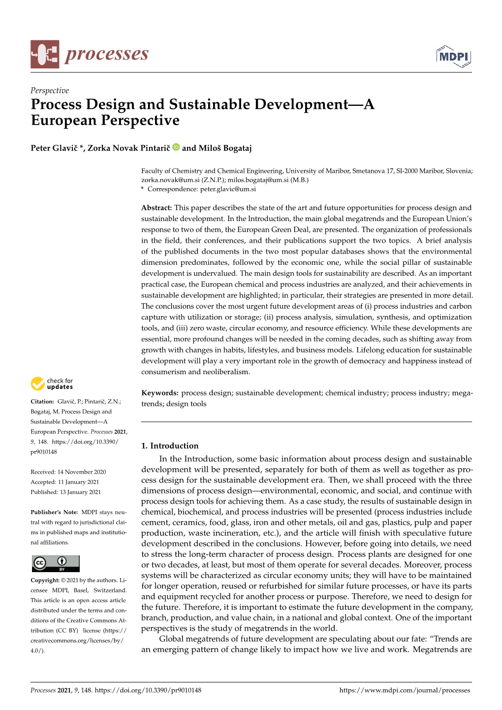 Process Design and Sustainable Development—A European Perspective