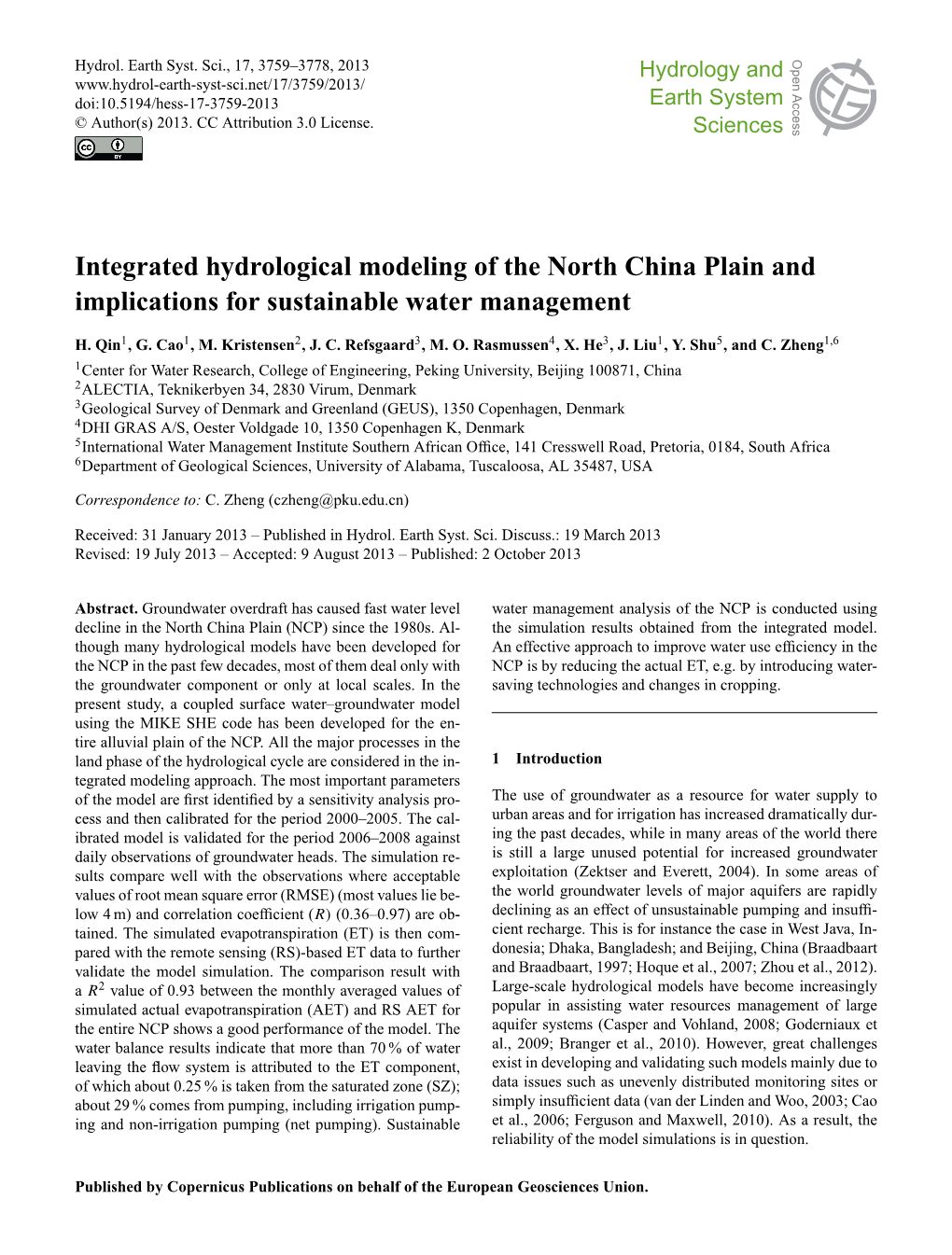 Integrated Hydrological Modeling of the North China Plain and Implications for Sustainable Water Management