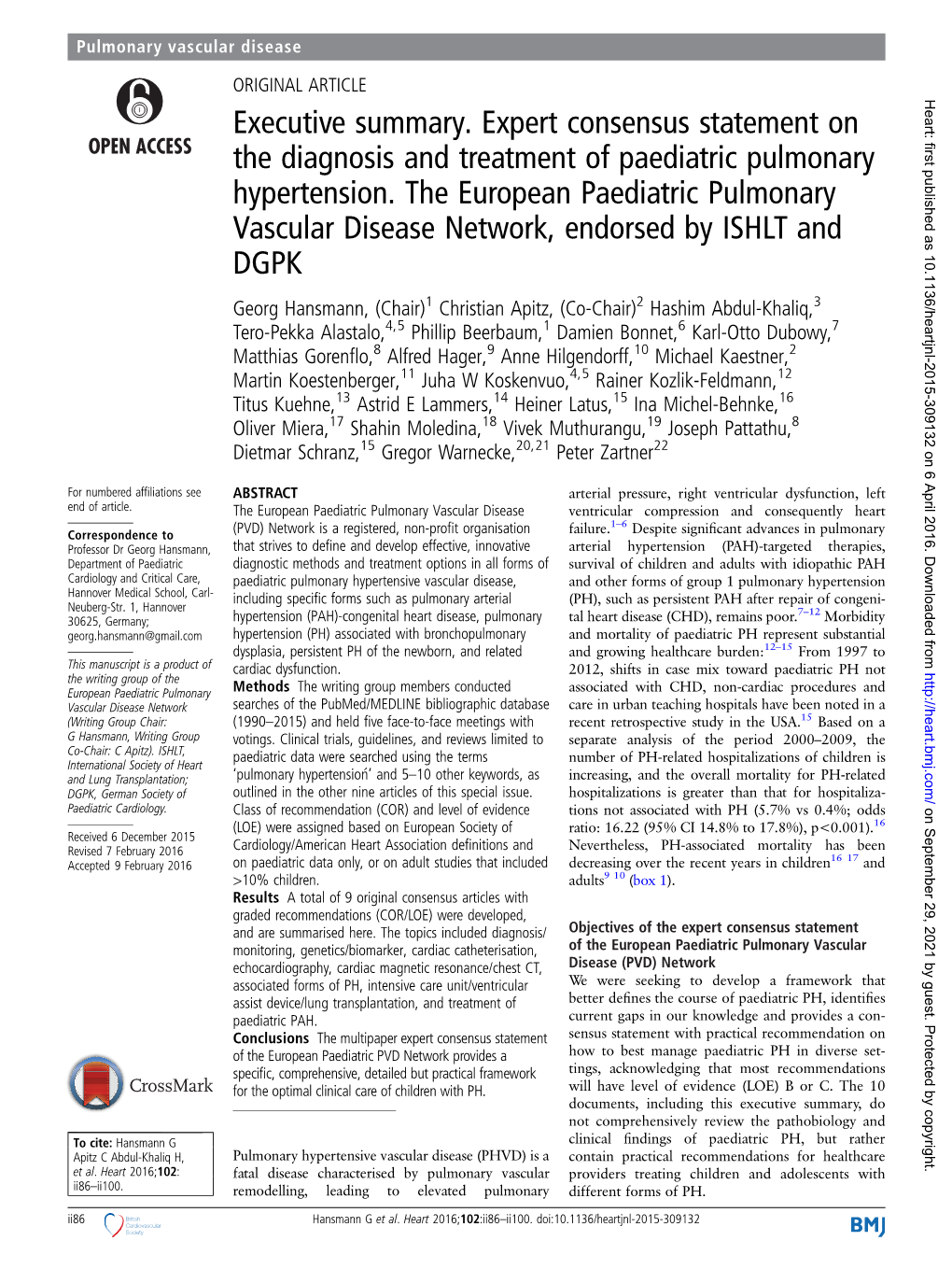 Executive Summary. Expert Consensus Statement on the Diagnosis and Treatment of Paediatric Pulmonary Hypertension. the European