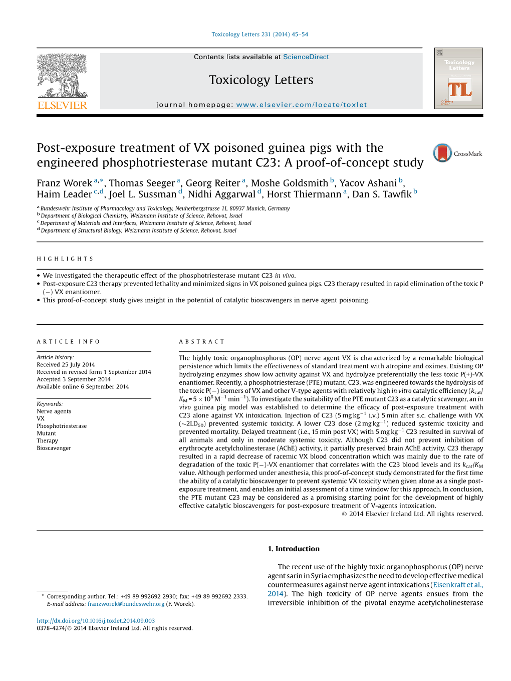 Post-Exposure Treatment of VX Poisoned Guinea Pigs with The