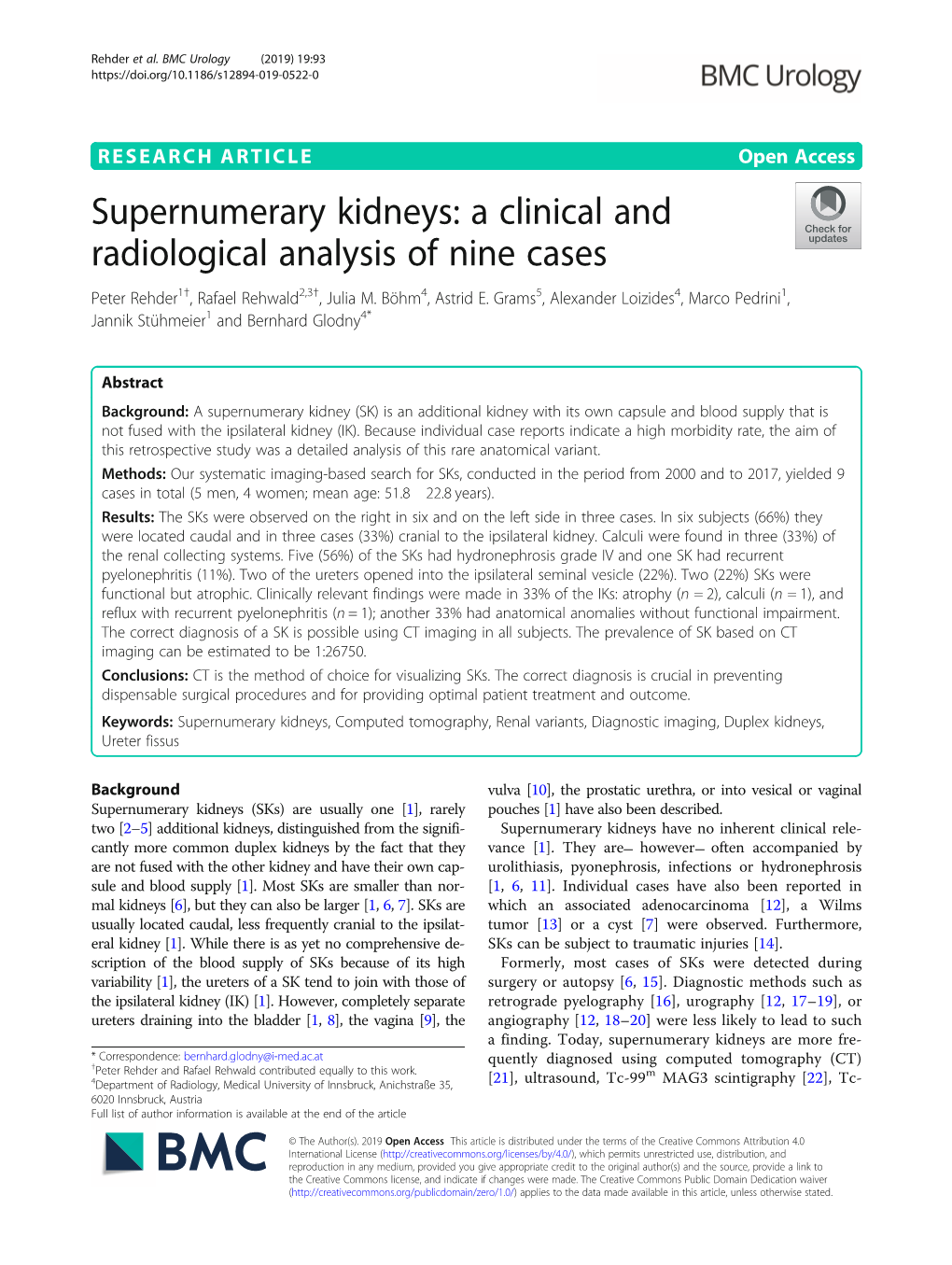 Supernumerary Kidneys: a Clinical and Radiological Analysis of Nine Cases Peter Rehder1†, Rafael Rehwald2,3†, Julia M