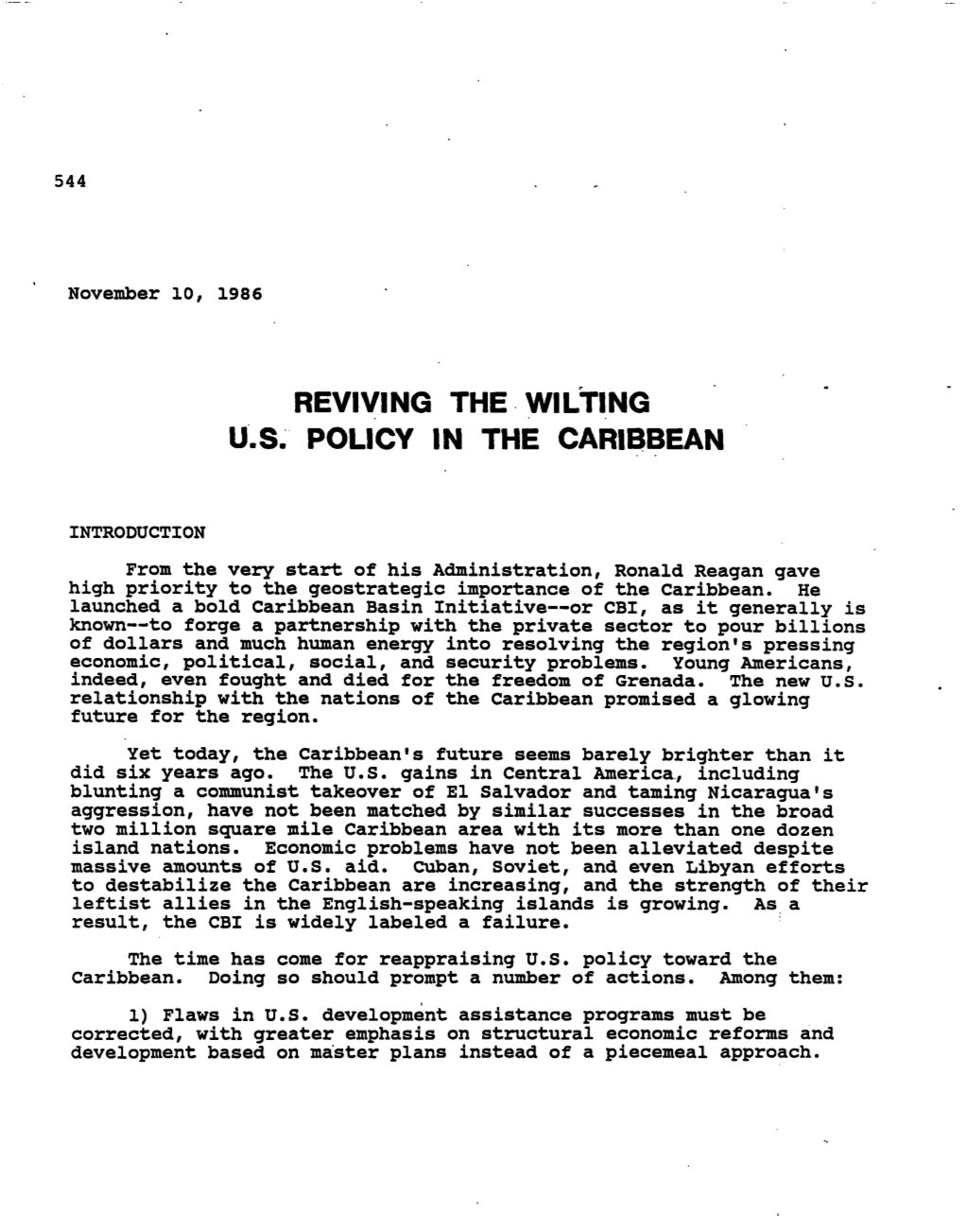 Reviving The. Wilting U'.S. Policy in the Caribbean