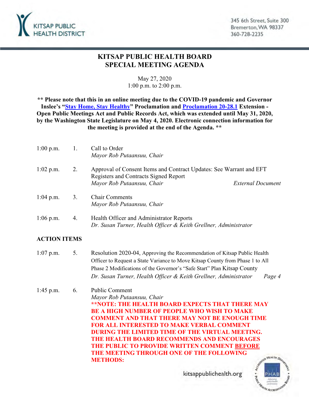 Kitsap Public Health Board Special Meeting Agenda
