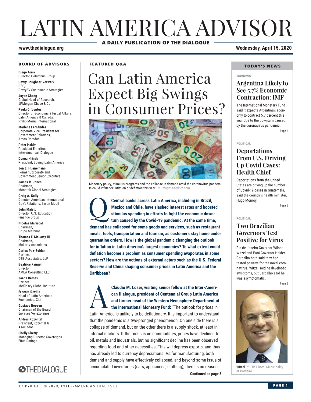 LATIN AMERICA ADVISOR a DAILY PUBLICATION of the DIALOGUE Wednesday, April 15, 2020