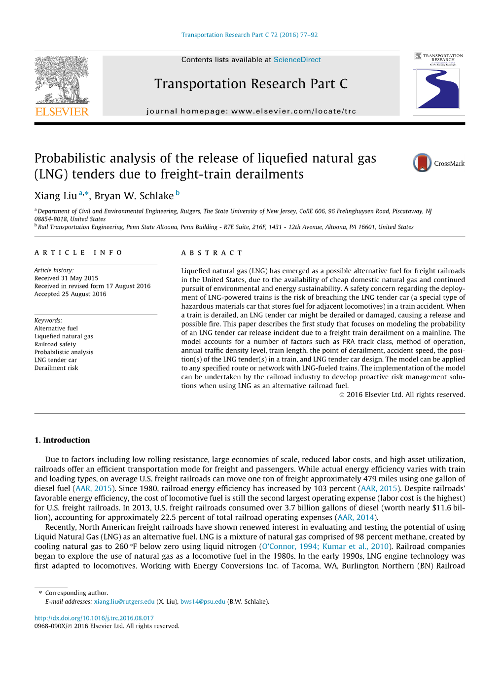 (LNG) Tenders Due to Freight-Train Derailments ⇑ Xiang Liu A, , Bryan W