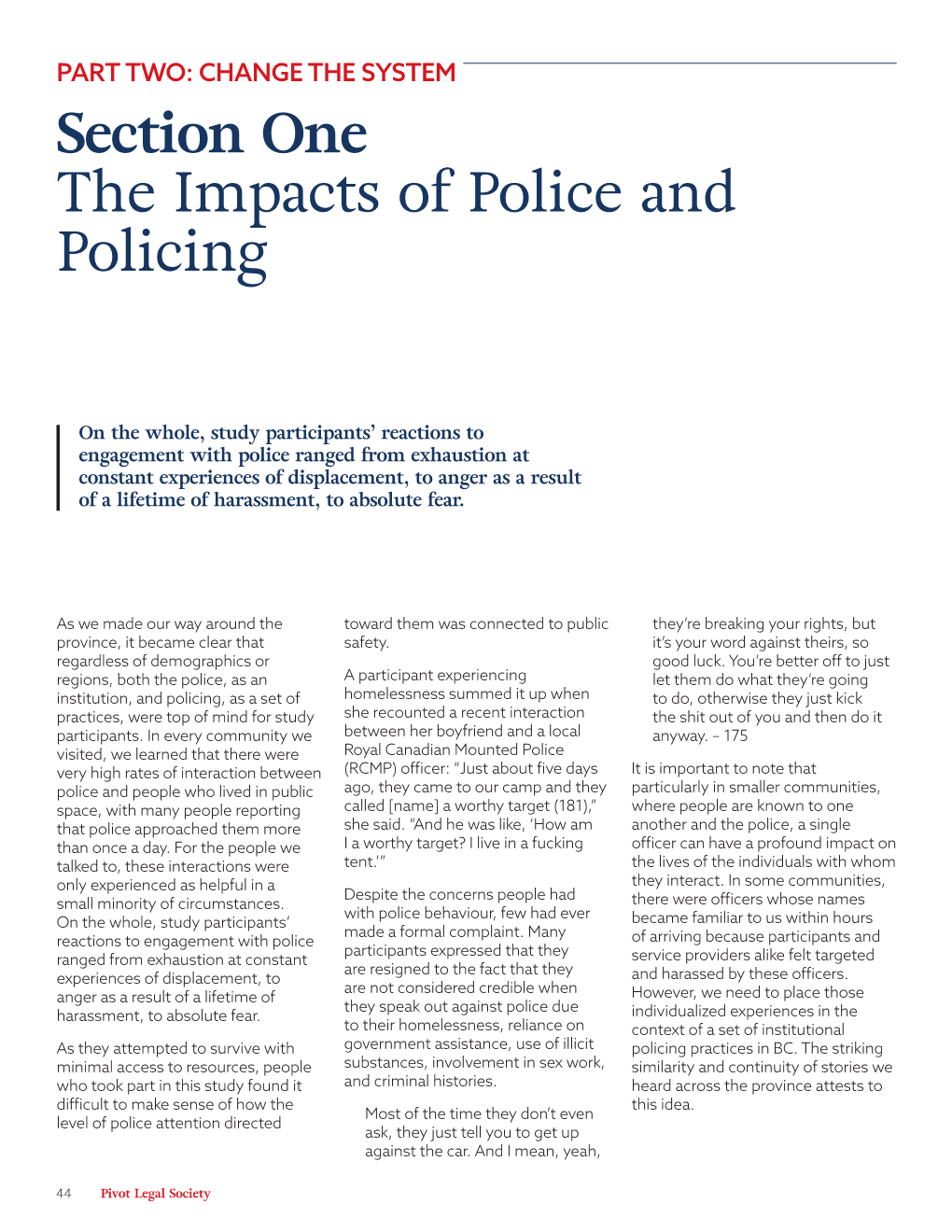 Section One the Impacts of Police and Policing