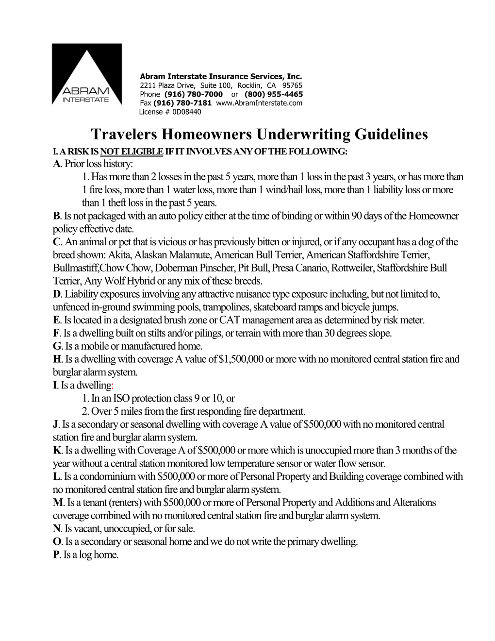 Travelers Homeowners Guidelines