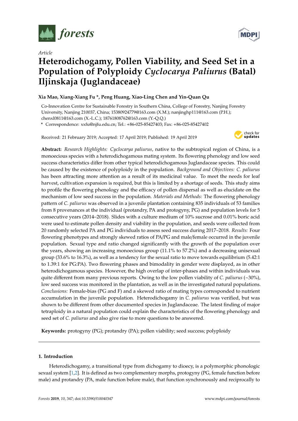 Heterodichogamy, Pollen Viability, and Seed Set in a Population of Polyploidy Cyclocarya Paliurus (Batal) Iljinskaja (Juglandaceae)